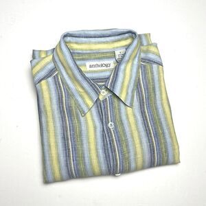 Anthology Linen Shirt Button Down Striped Yellow Gray Blue Long Sleeve L